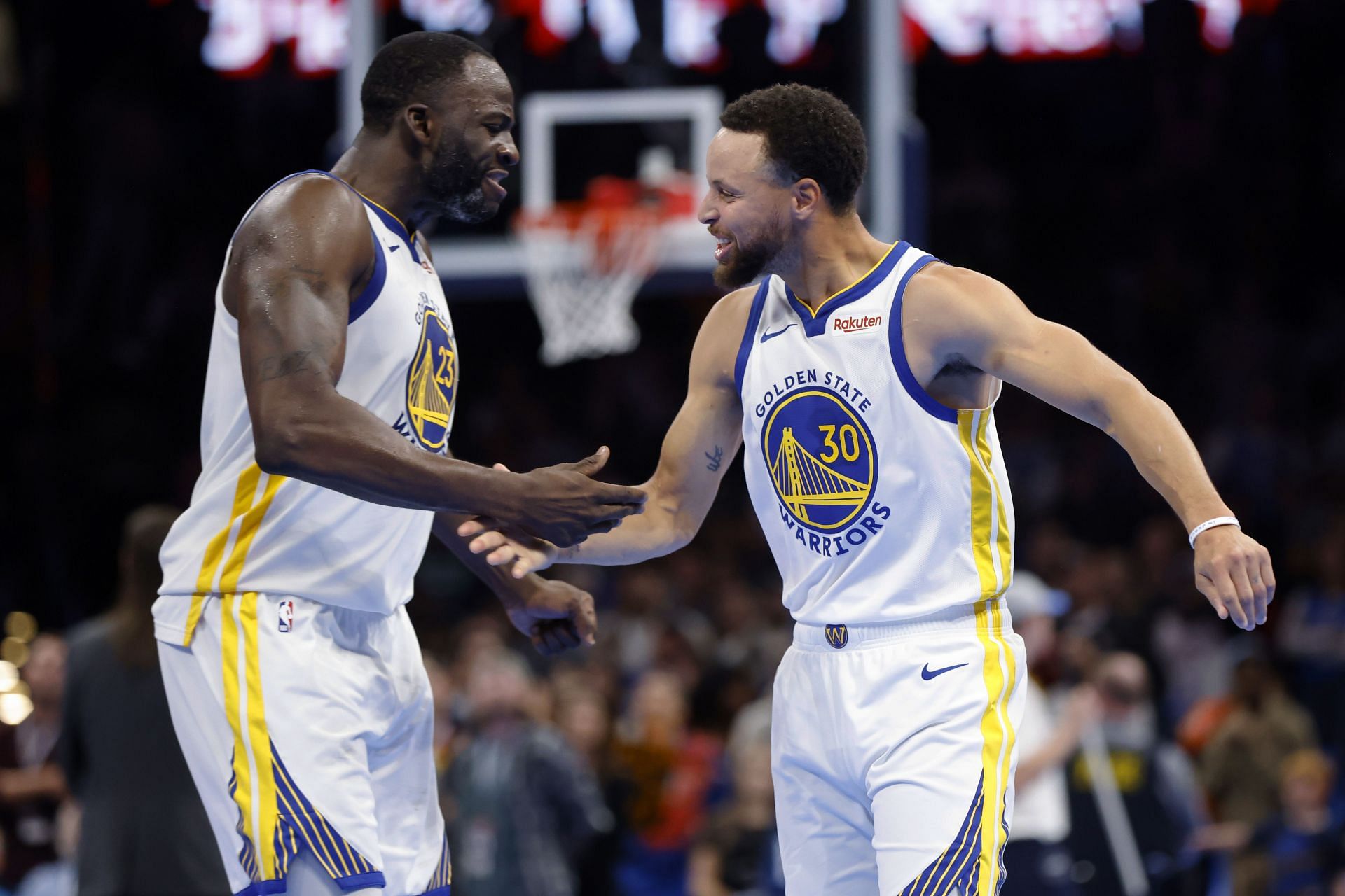 Draymond Green and Steph Curry of the Golden State Warriors