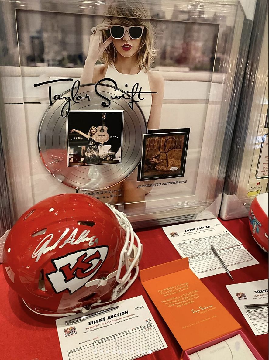 Taylor Swift&#039;s platinum record at Mahomes&#039; charity event. Credit: @optimal_group (IG)