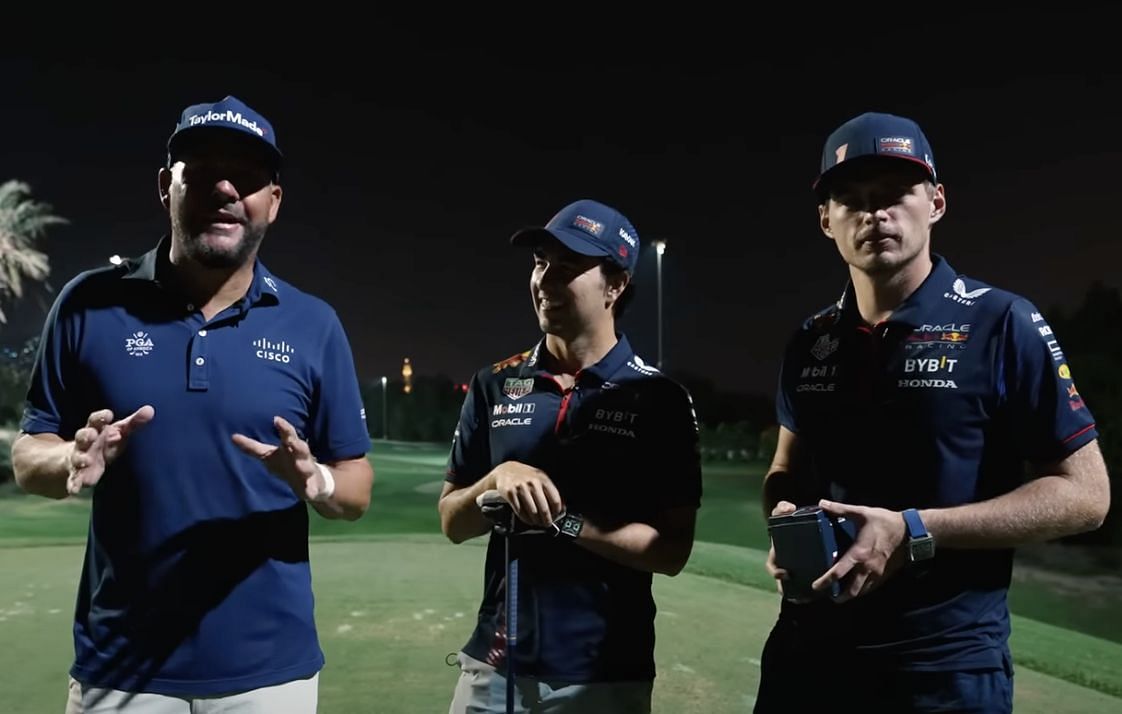 Michael Block, Sergio Perez and Max Verstappen playing golf (Image via YouTube)