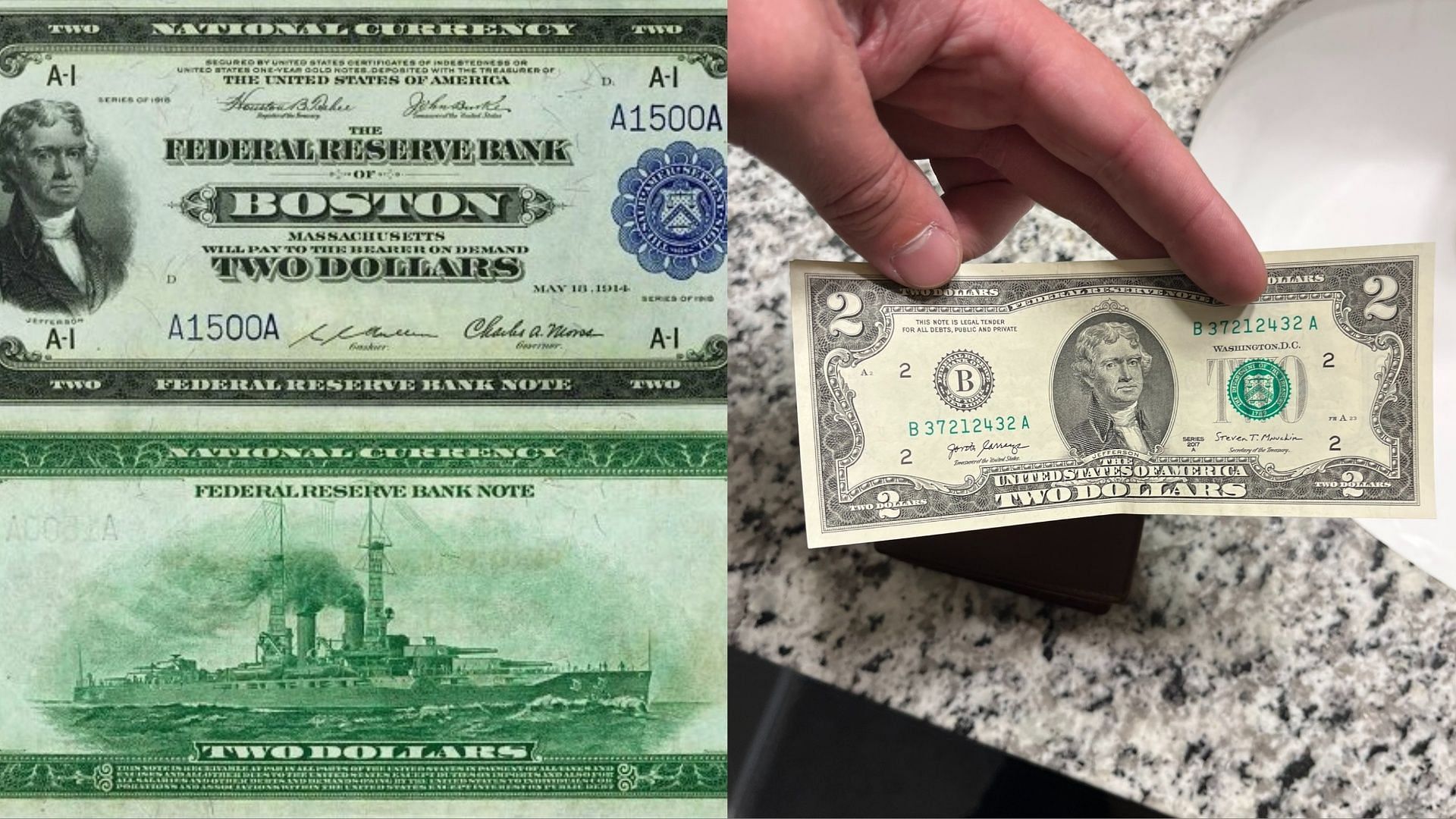 Two dollar bills in the U.S. are being sold for over $1000. (Image via X/@GreenEllsworth, @EndZone_6AP)