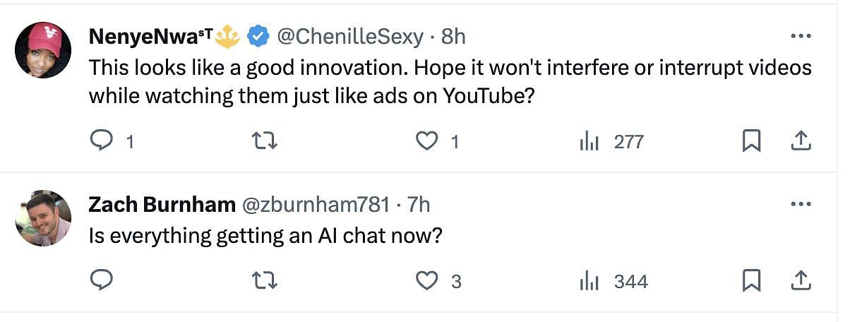 Social media users share their opinions on the internet as news about the video platform releasing its AI-powdered chatbot goes viral. (Image via X)