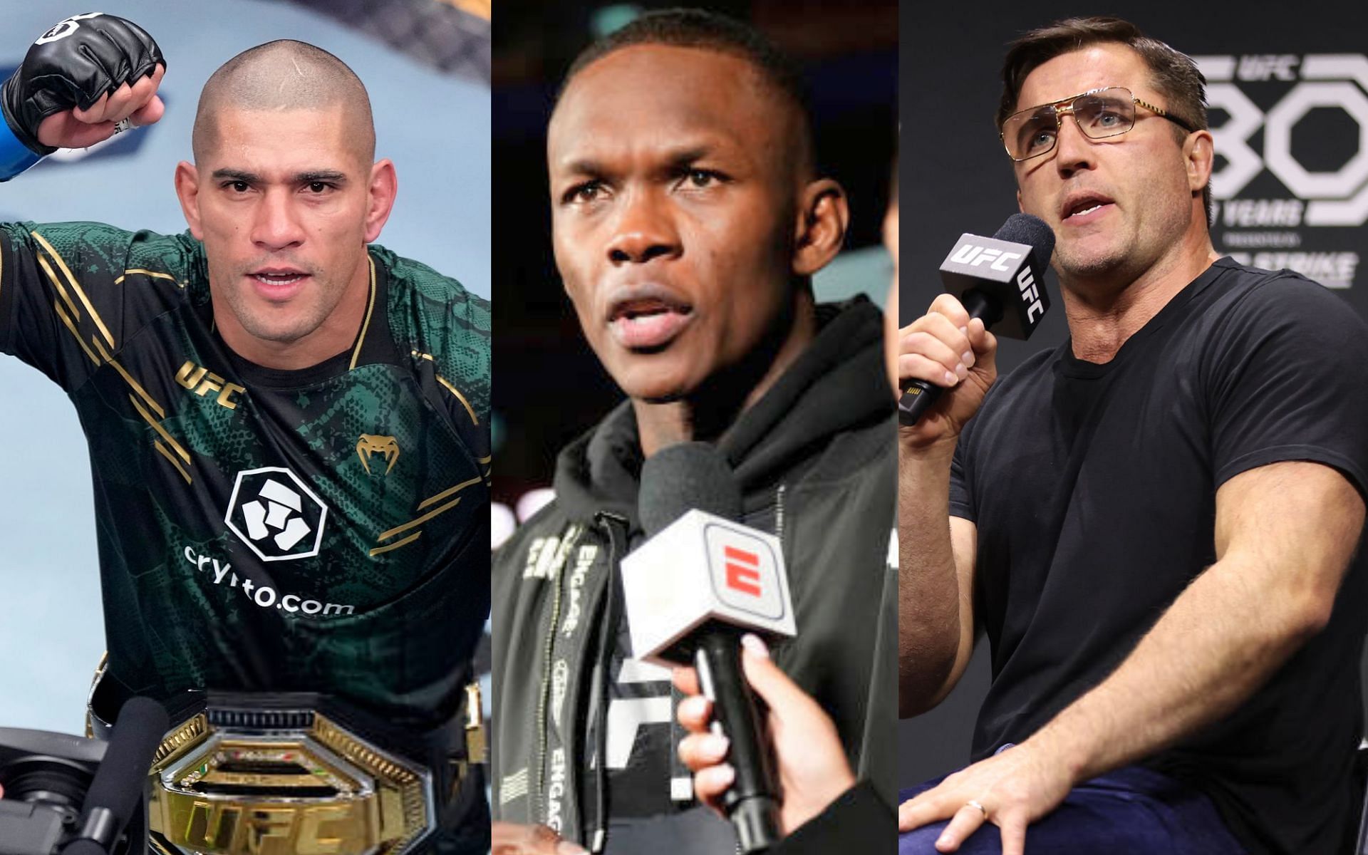 Alex Pereira (left), Israel Adesanya (middle) and Chael Sonnen (right) [Images Courtesy: @GettyImages]