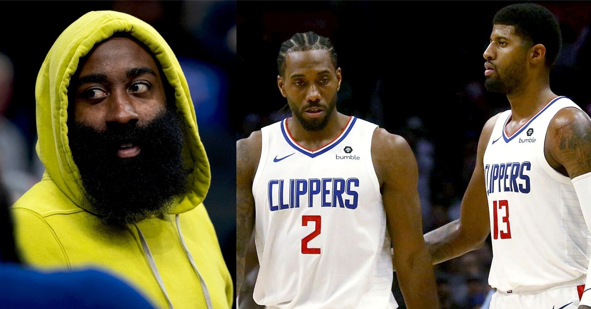 Newly acquired LA Clippers star guard James Harden and Clippers stars Kawhi Leonard and Paul George