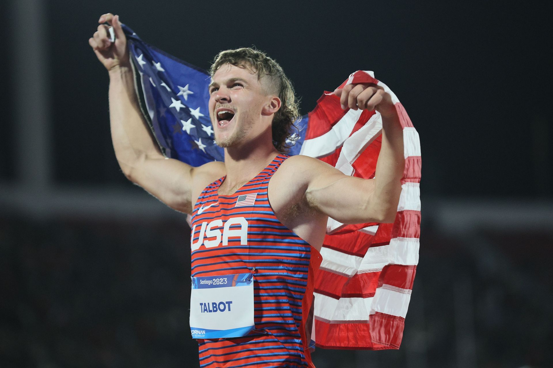 Ryan David Talbot of Team United States celebrates winning the Bronze Medal in Men&#039;s Decathlon at Estadio Nacional de Chile at the 2023 Pan Am Game in Santiago, Chile.