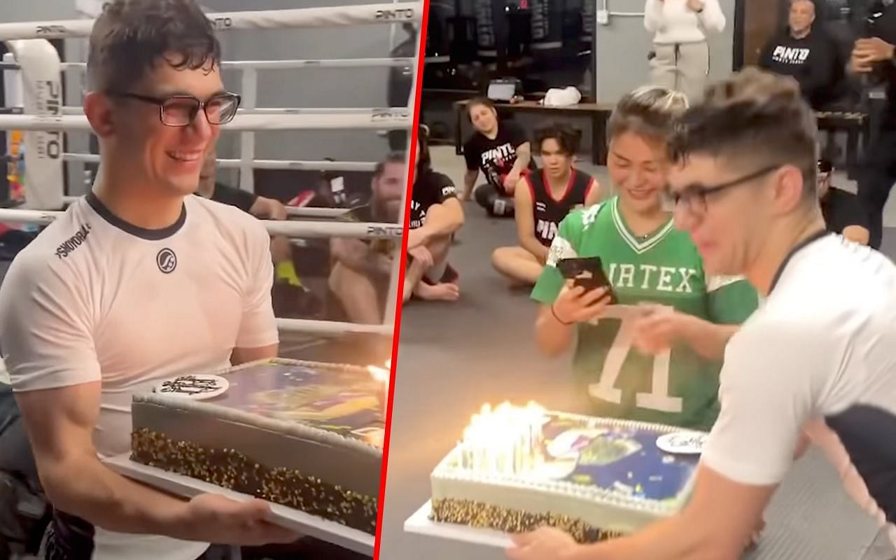 Screenshots of Mikey Musumeci surprising Stamp Fairtex (photos left and right)