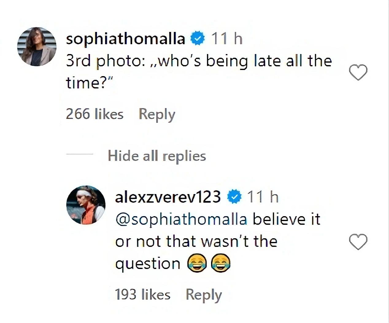 Alexander Zverev and girlfriend Sophia Thomalla on Instagram