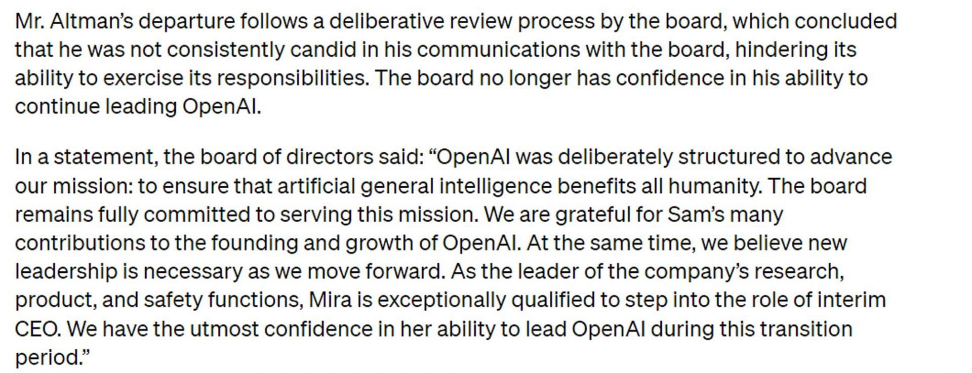 OpenAI explains why Sam was removed from his position as the CEO (Image via OpenAI.com)