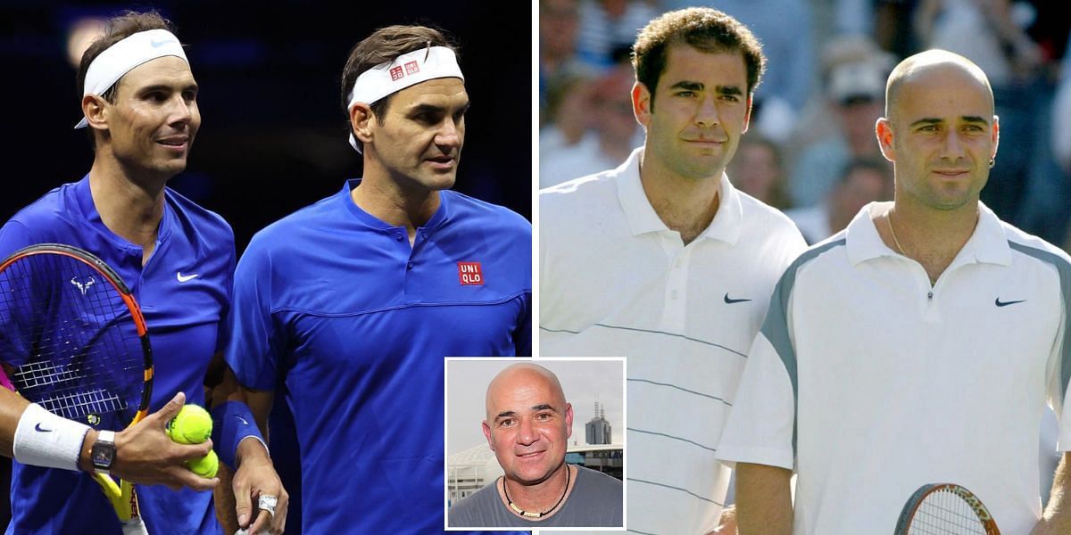 Roger Federer and Rafael Nadal (L), Pete Sampras and Andre Agassi (R)