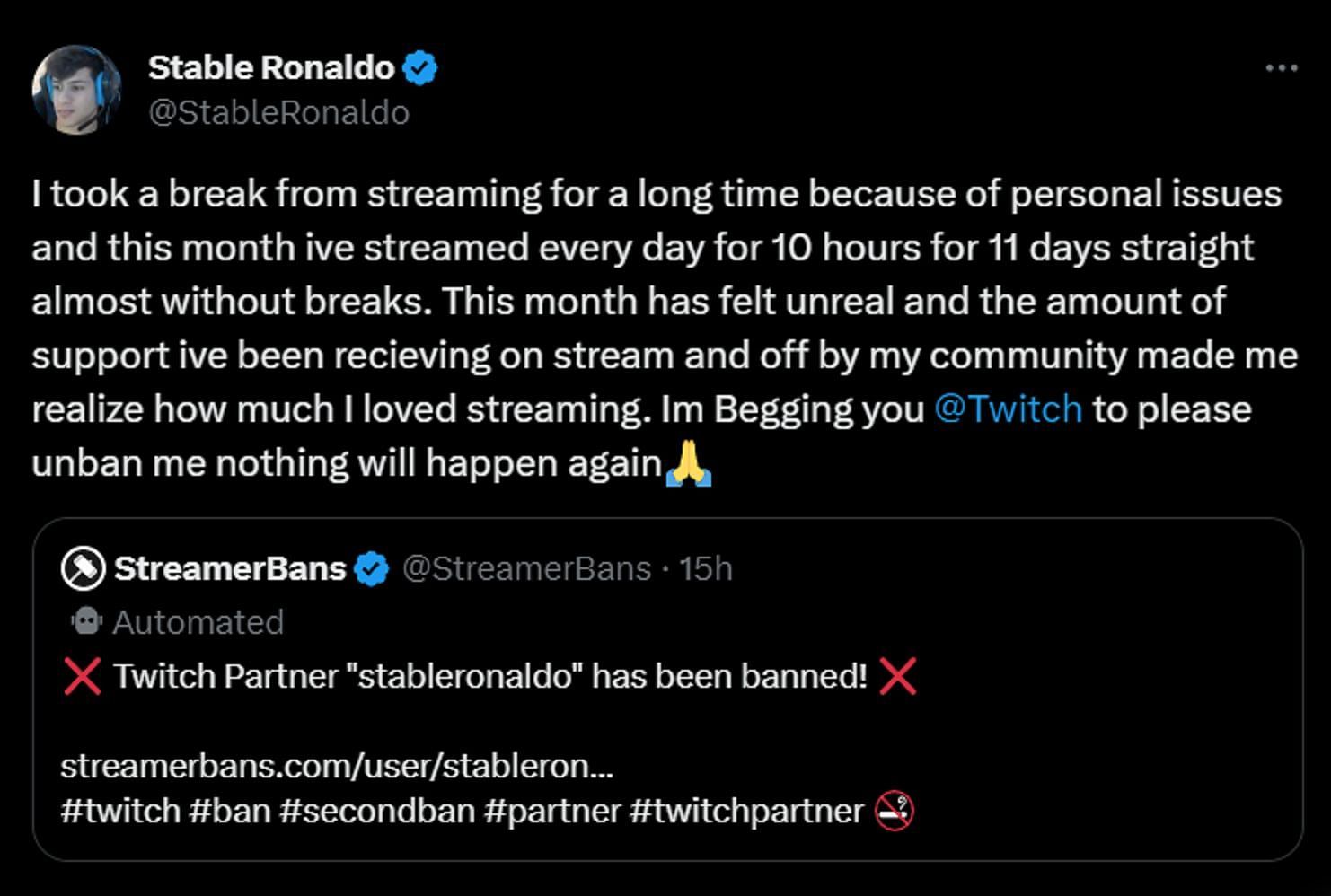 Rani explains his absence from streaming was due to personal issues (Image via X/@StableRonaldo)