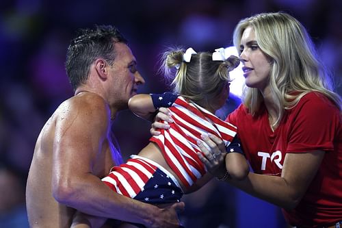 Ryan Lochte along with his family after competing in a semifinal heat for the Men's 200m individual medley during the 2021 U.S. Olympic Team Swimming Trials in Omaha, Nebraska.