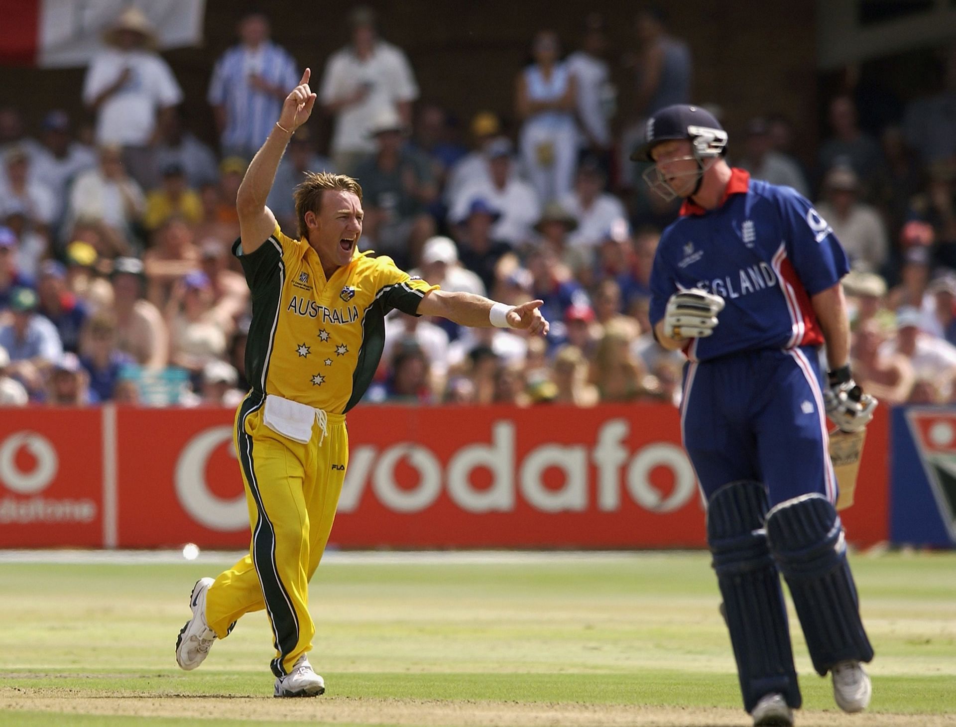Andy Bichel of Australia celebrates the wicket of Paul Collingwood of England [Getty Images]