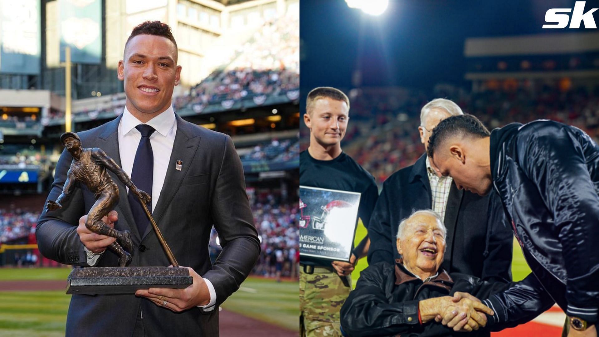 103-year-old WWII Veteran Rodger Jensen shares endearing moment with Yankees star Aaron Judge at Fresno State jersey retirement celebration