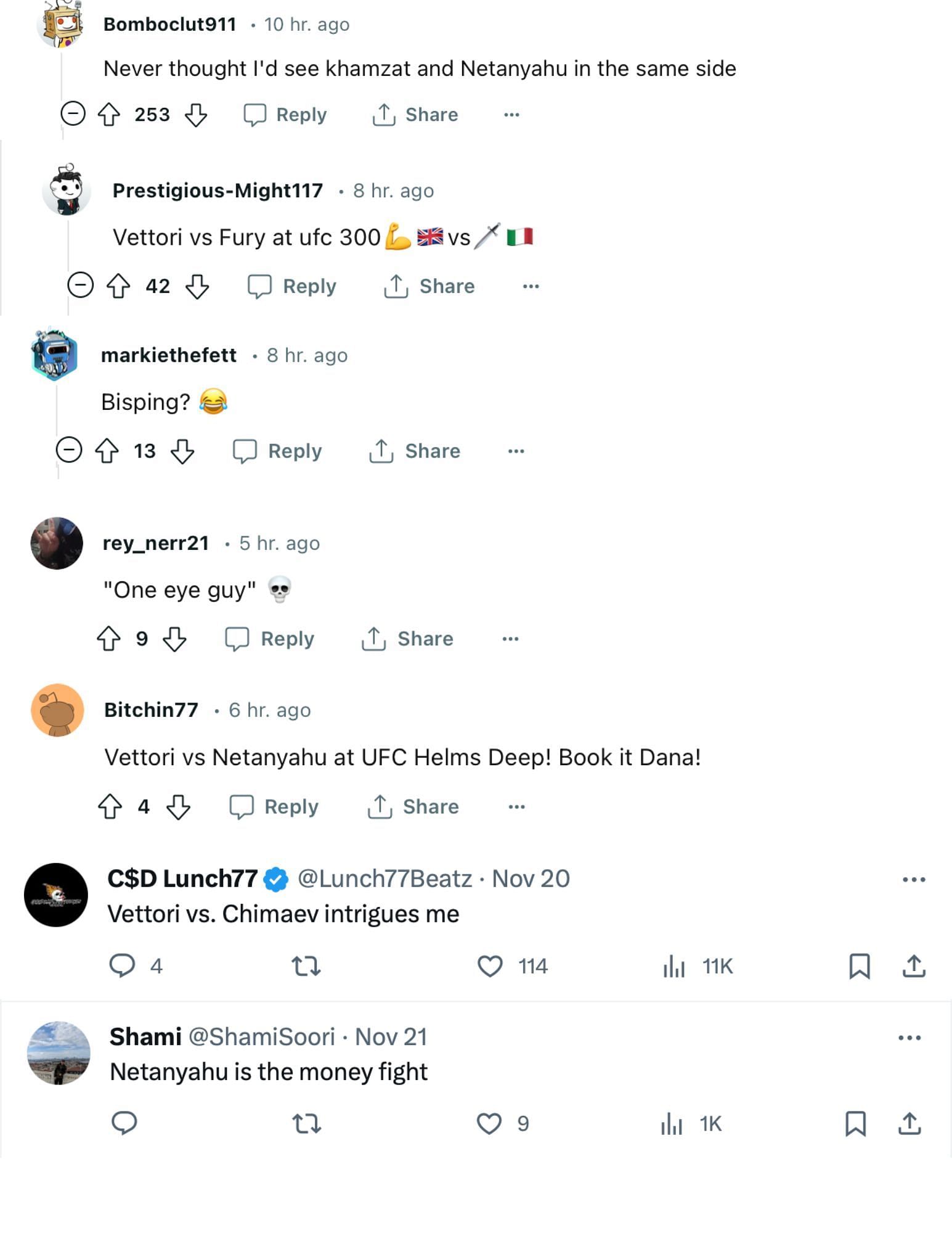 Fan reactions to Marvin Vettori&#039;s callout tweet on X and Reddit [via @marvinvettori on X and r/ufc on Reddit]