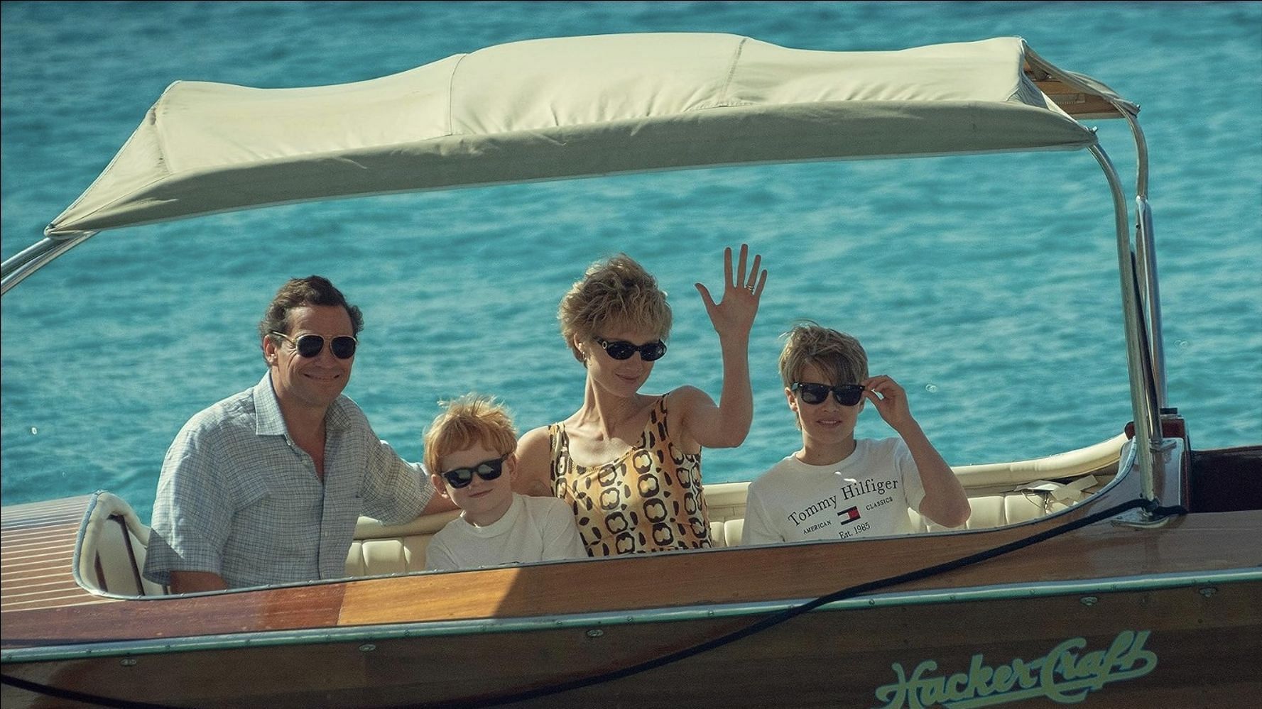 Dominic West, Timoth&eacute;e Sambor, Teddy Hawley, and Elizabeth Debicki in a scene from The Crown (Image via IMDb)