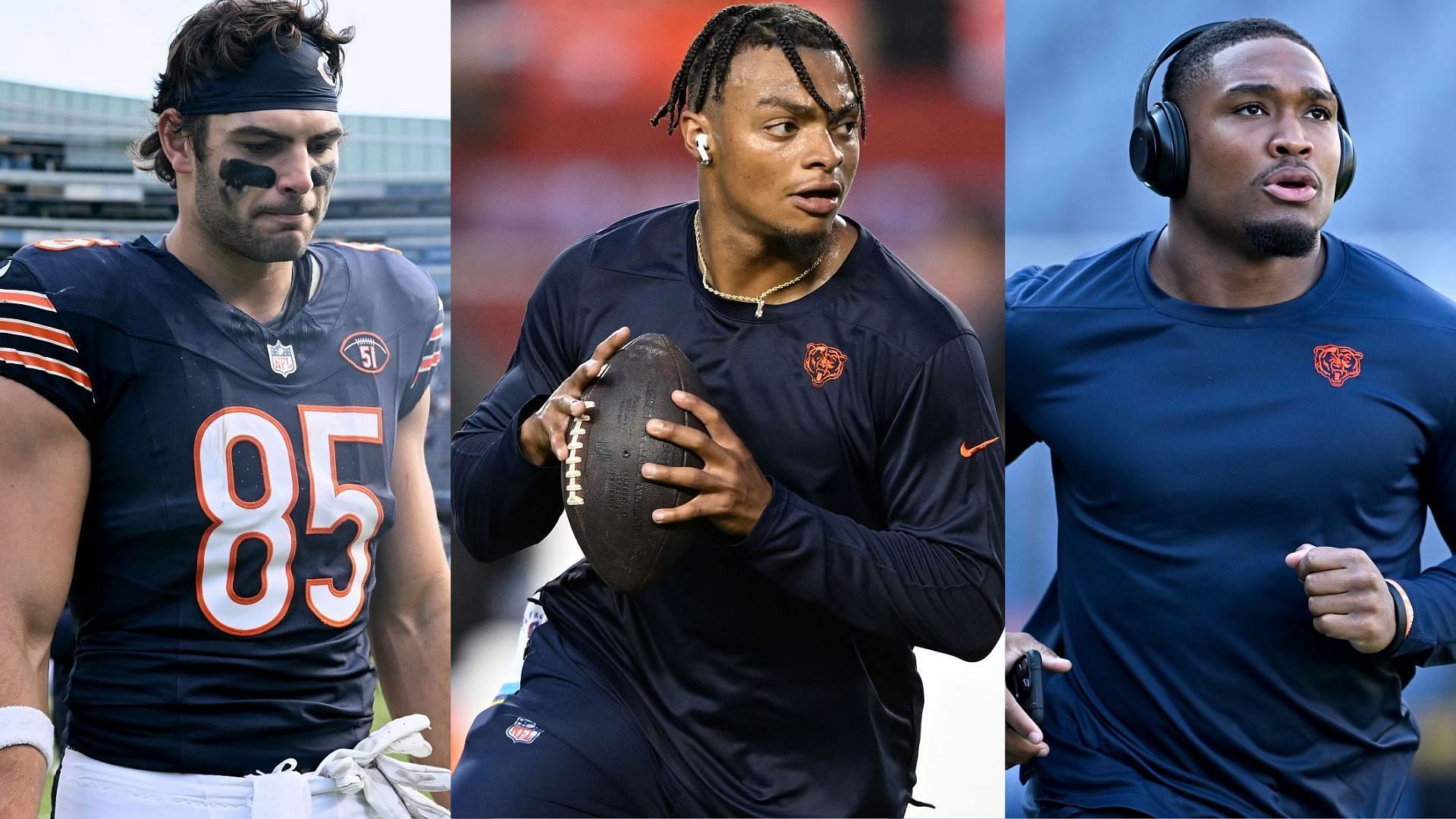 Chicago Bears players Cole Kmet, Justin Fields, and Khalil Herbert