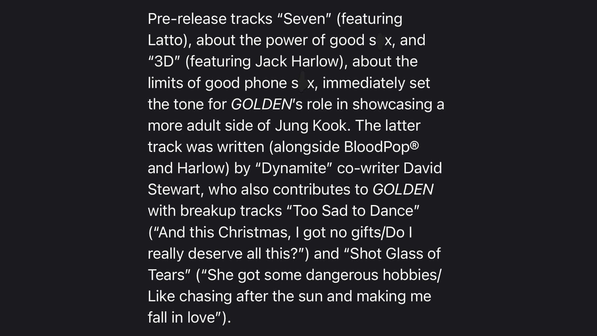 Apple Music&#039;s description for GOLDEN (Image via X/@taetaehland)