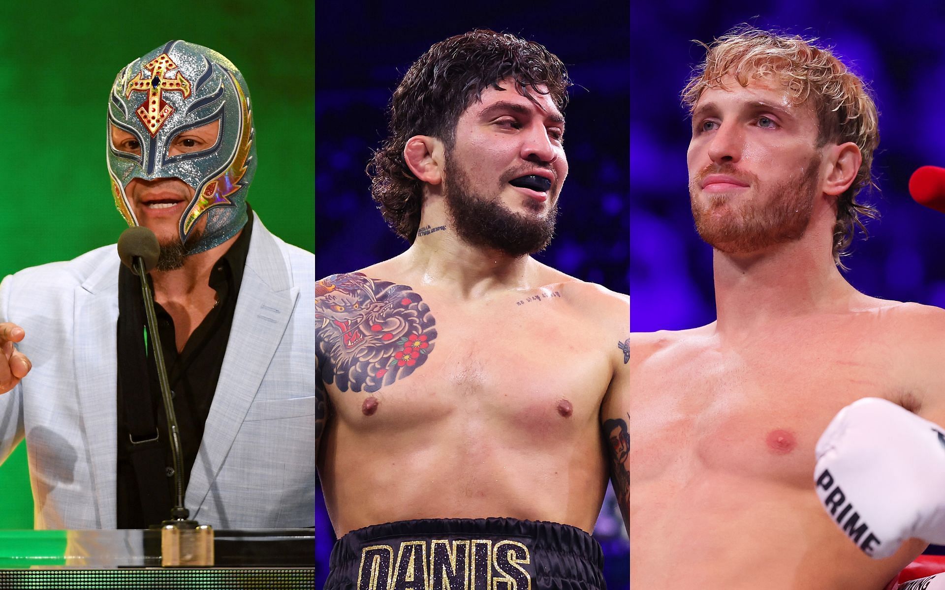 Rey Mysterio (Left); Dillon Danis (Middle); Logan Paul (Right) [*Image courtesy: Getty Images]