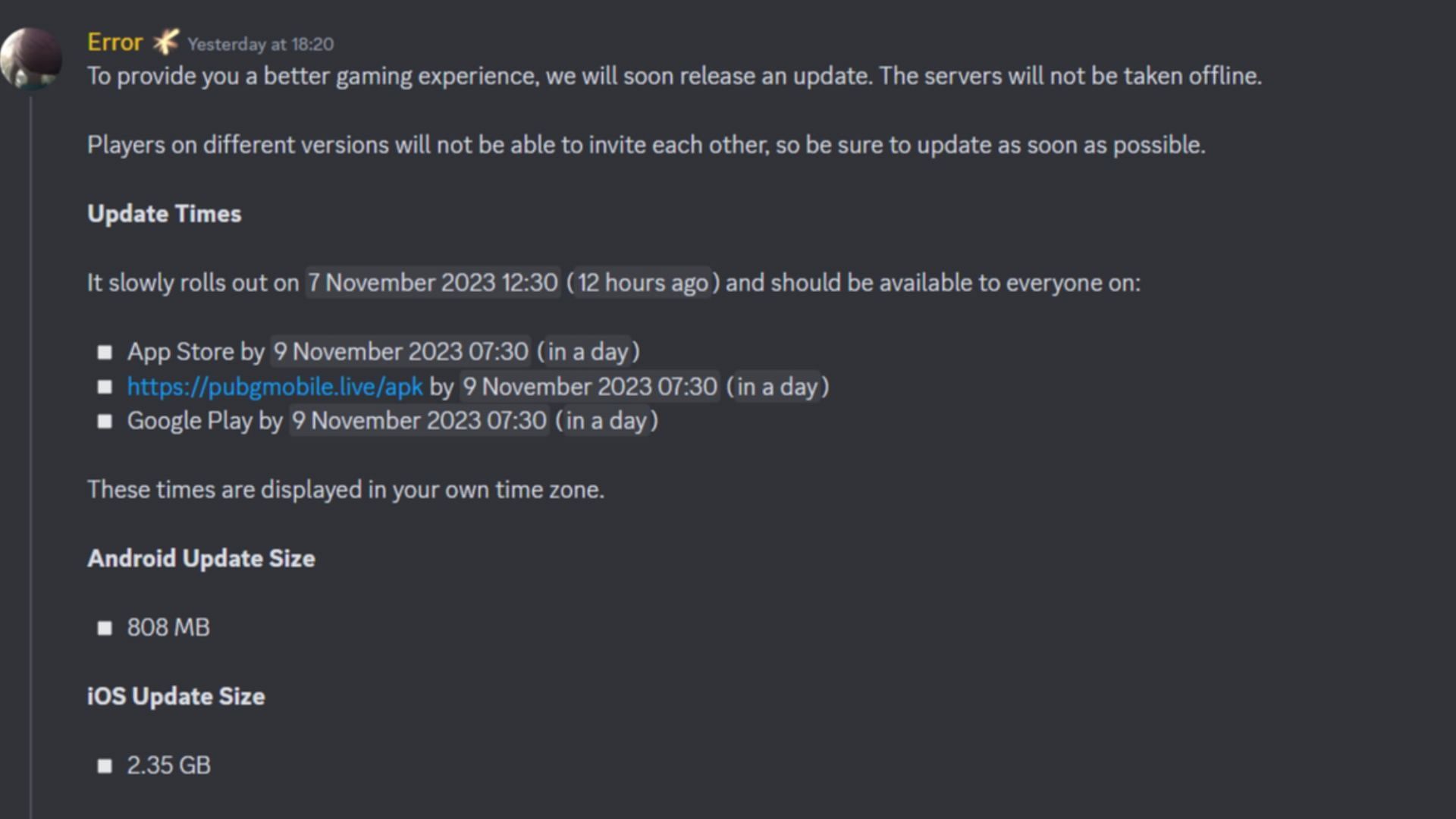 Snippet from PUBG Mobile&#039;s official Discord server showing the November update&#039;s release date and time in IST (Image via Discord)