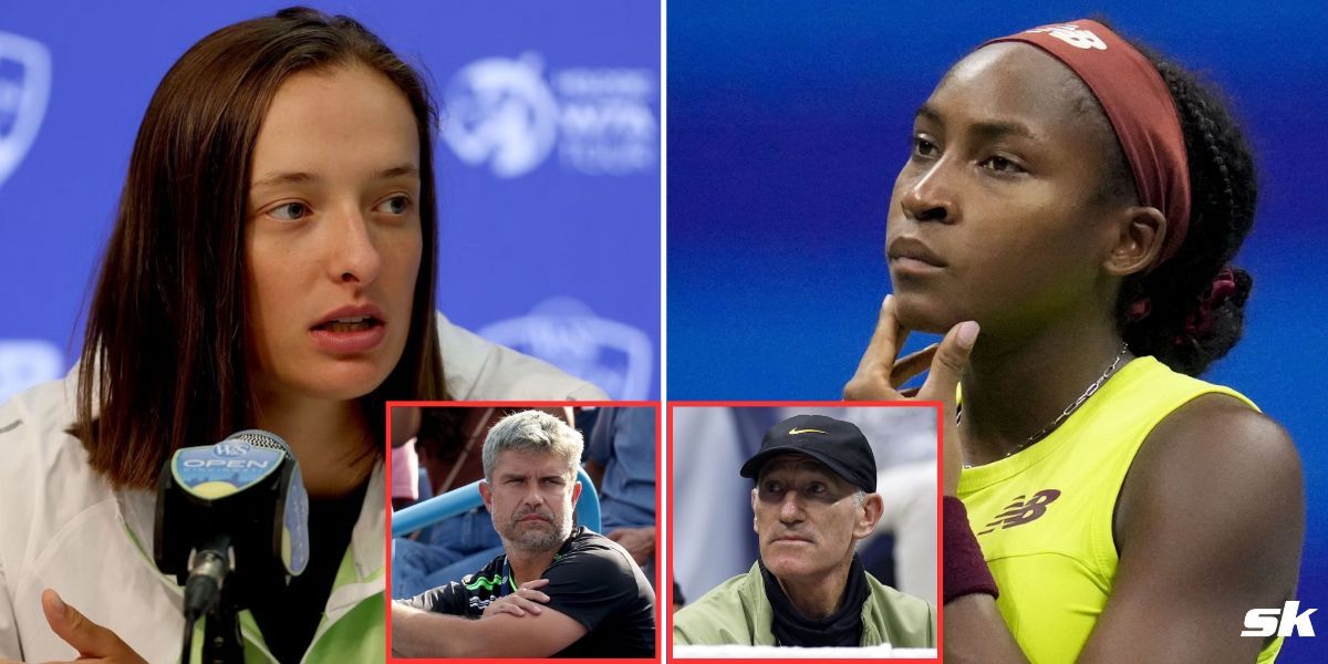 Iga Swiatek and coach Tomasz Wiktorowski (L), Coco Gauff and Brad Gilbert (R)