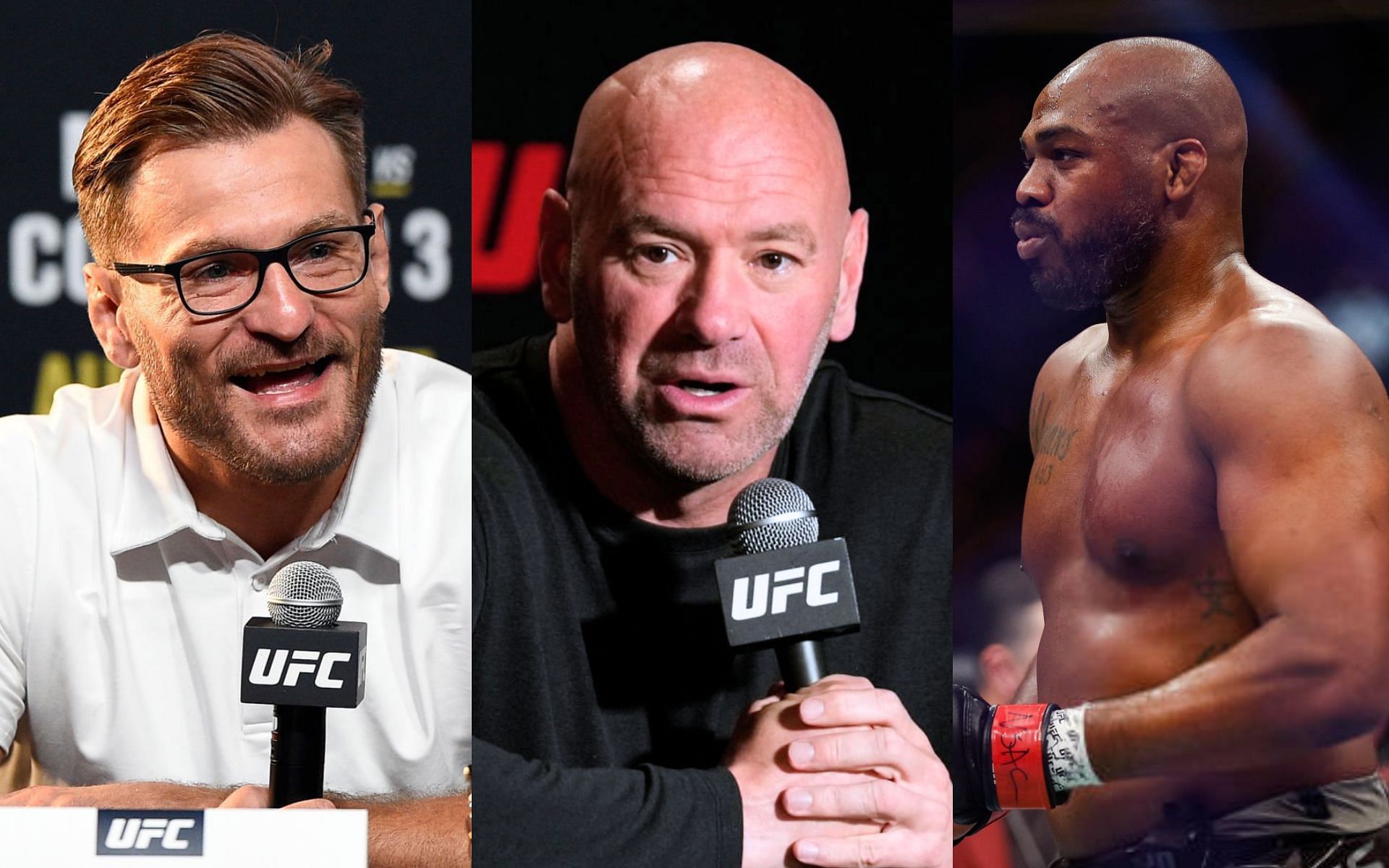 Stipe Miocic (left), Dana White (middle) and Jon Jones (right) [Images Courtesy: @GettyImages]