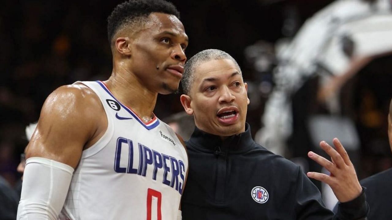 Russell Westbrook and LA Clippers head coach Ty Lue.