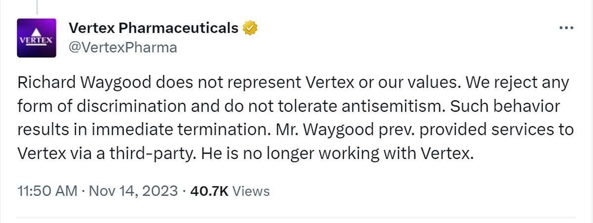 A comment reacting to the news (Image via X/ @VertexPharma)