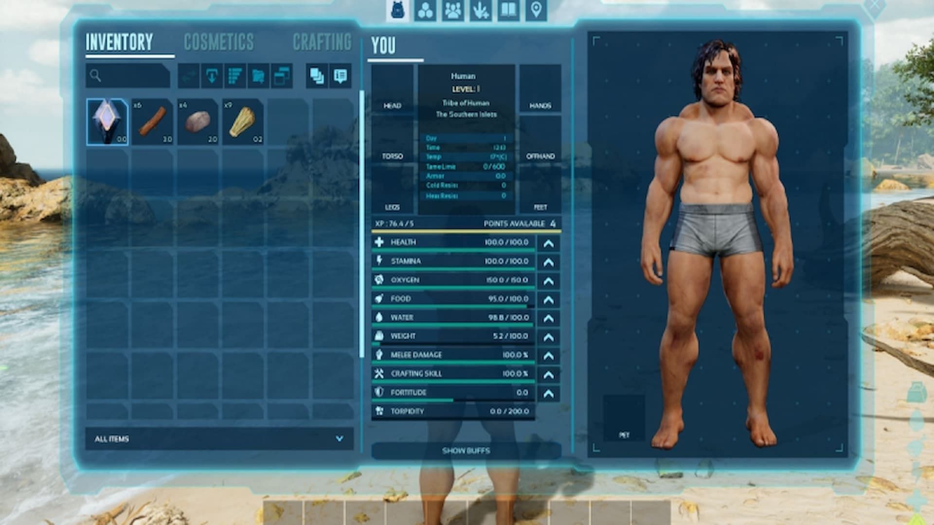 All players stats are shown beside the Inventory in the Character Menu (Image via Studio Wildcard)