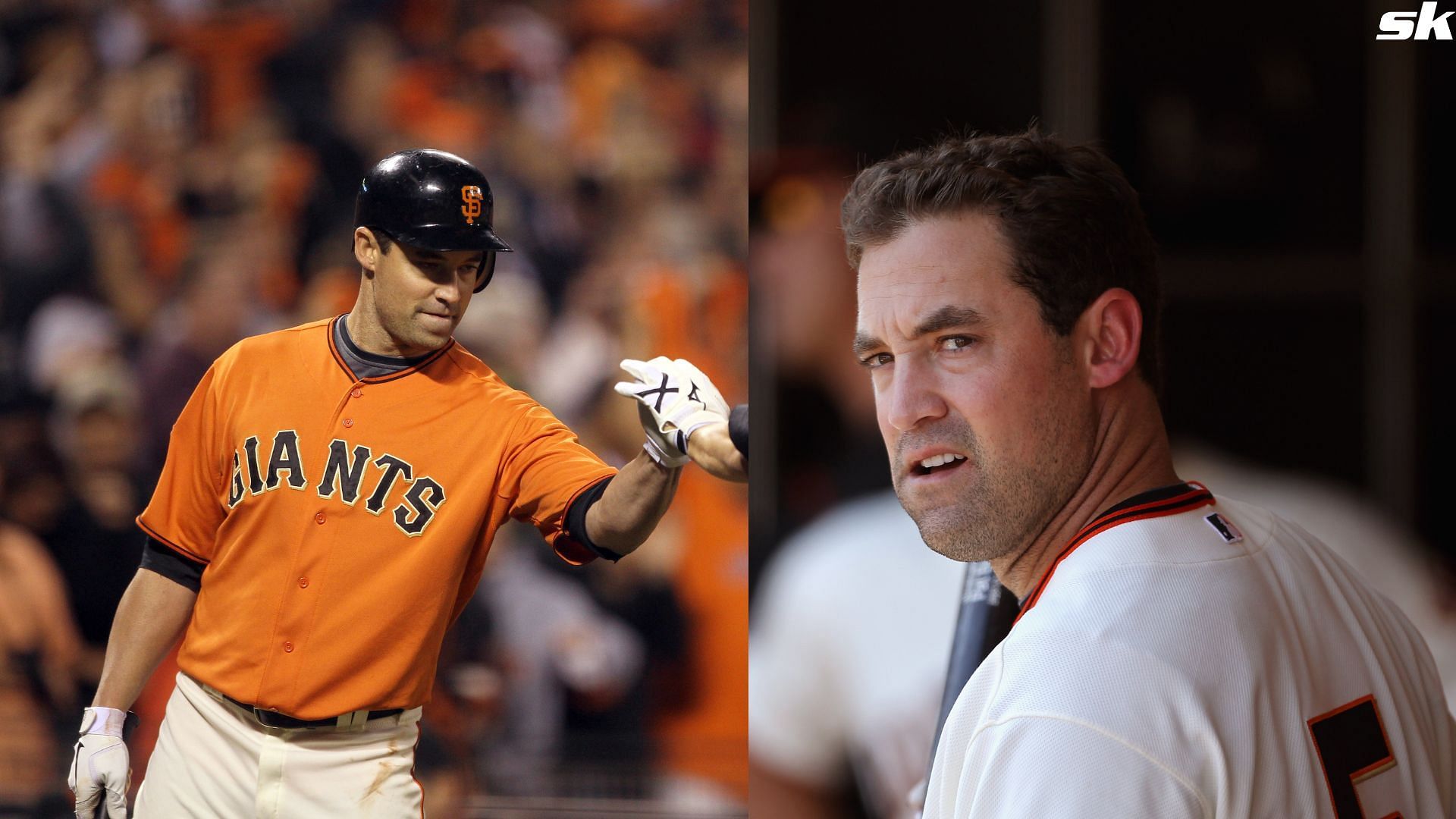 Pat Burrell of the San Francisco Giants stands in the dugout during their game against the Arizona Diamondbacks in 2011