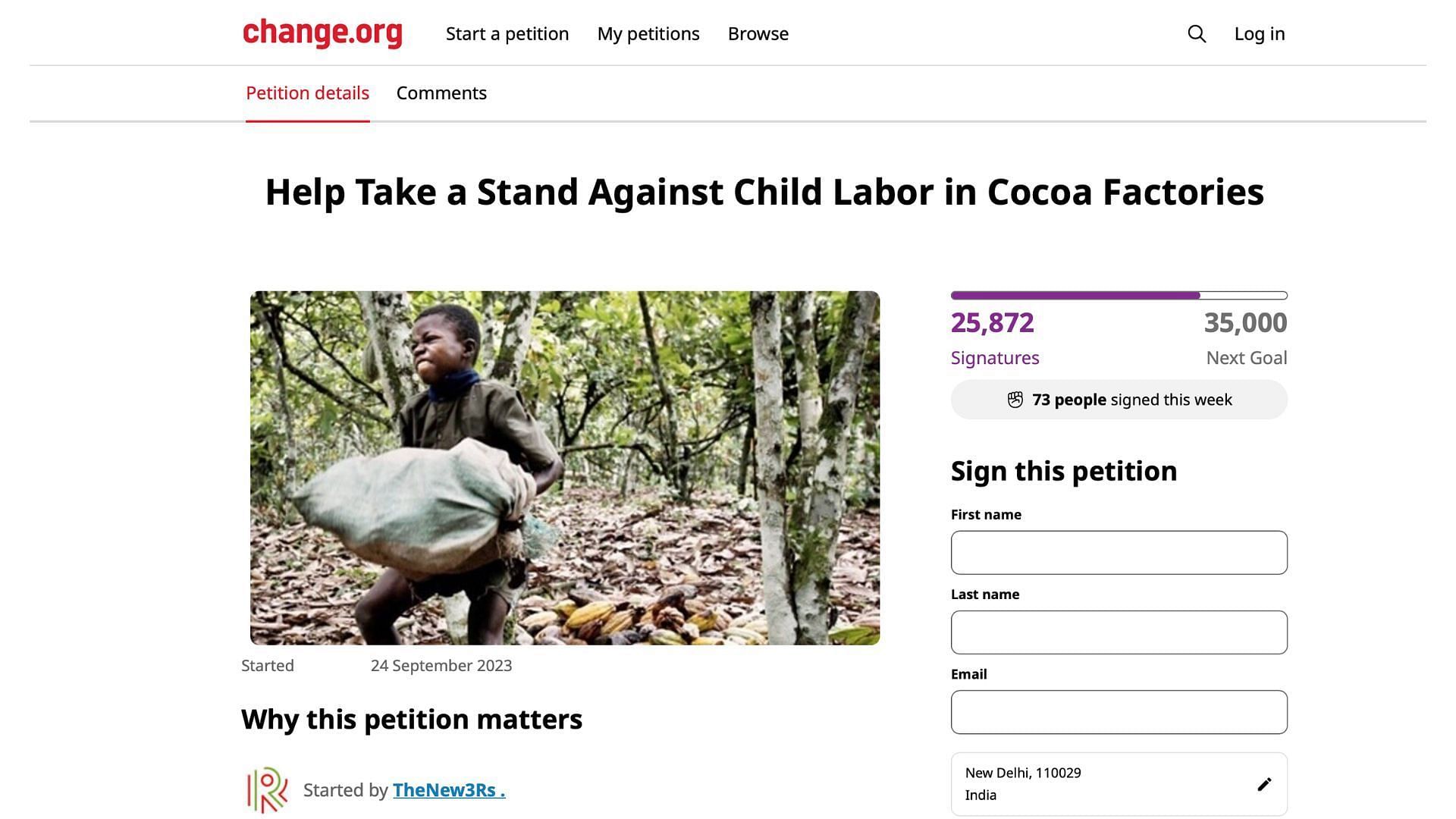 Petition against child labor (Image via snip from change.org)