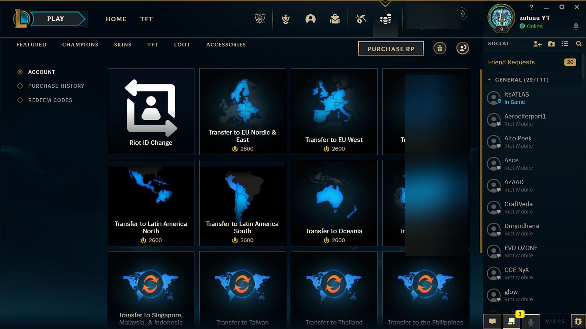 You can change the LoL account&#039;s region with 2600 RP (Image via Riot Games)