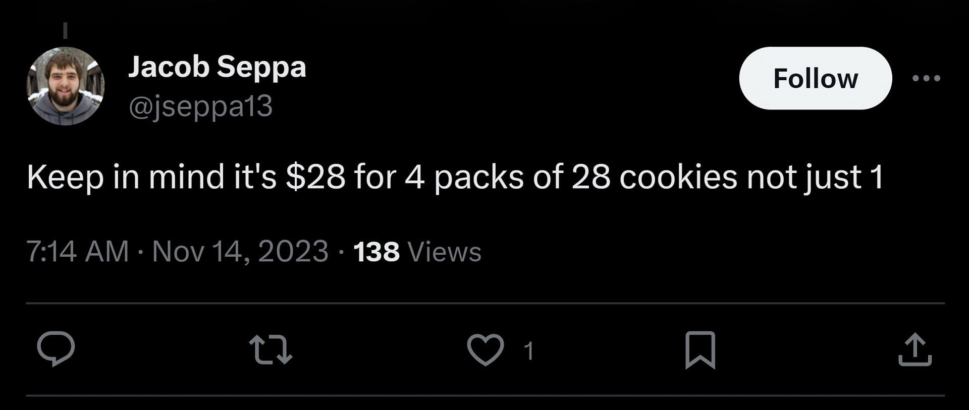 User @jseppa13 claimed that the $28 cost was for four packs of cookies, not one (Image via @FearedBuck/X)