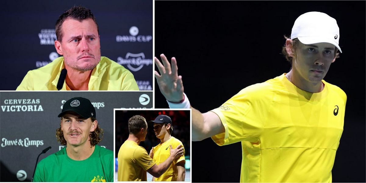 Alex de Minaur, Lleyton Hewitt and Max Purcell at the 2023 Davis Cup Finals