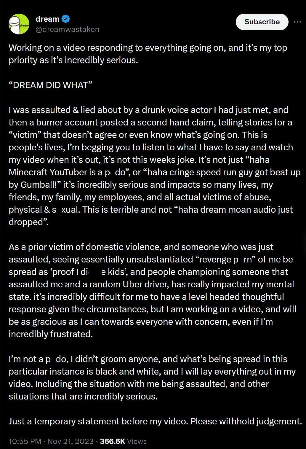 Statement by the content creator (Image via @Dreamwastaken/X)