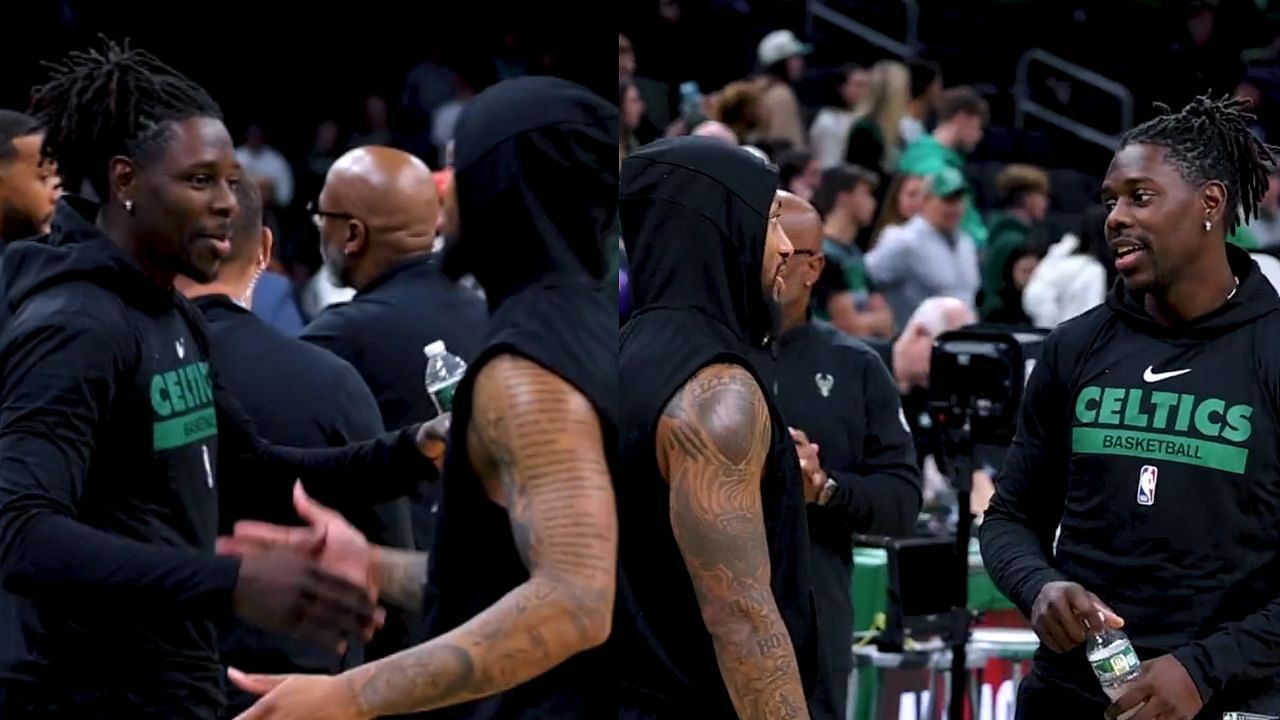 Damian Lillard catches up with Jrue Holiday before Celtics-Bucks tip-off