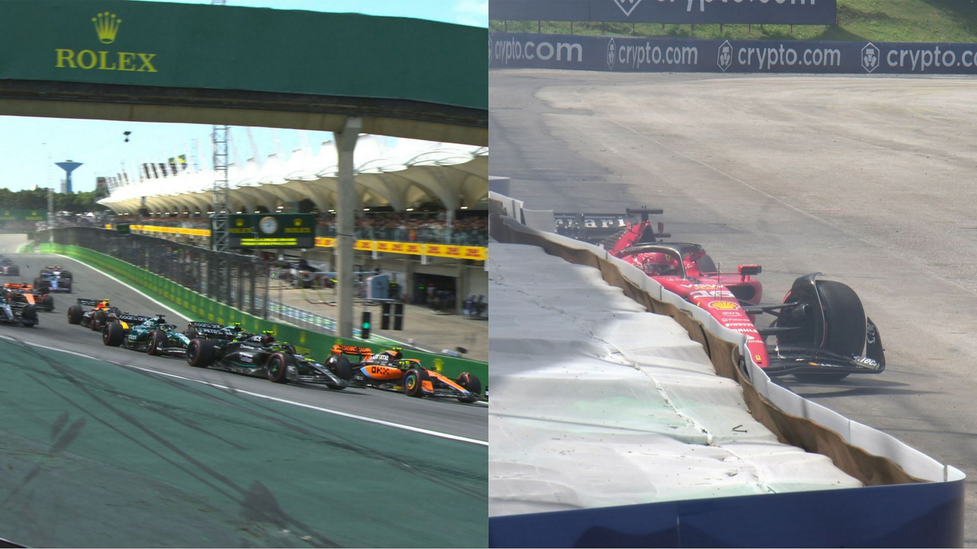 Alex Albon (L) and Charles Leclerc (R) crash during the F1 Brazilian GP