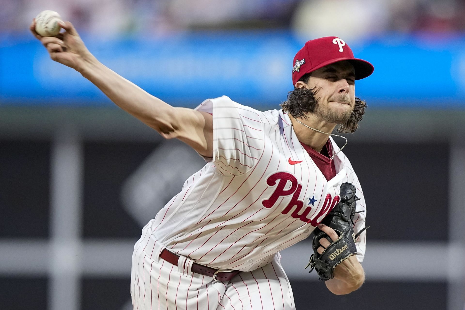 Aaron Nola throws against Arizona Diamondbacks during third inning in Game 6 of the baseball NL Championship Series