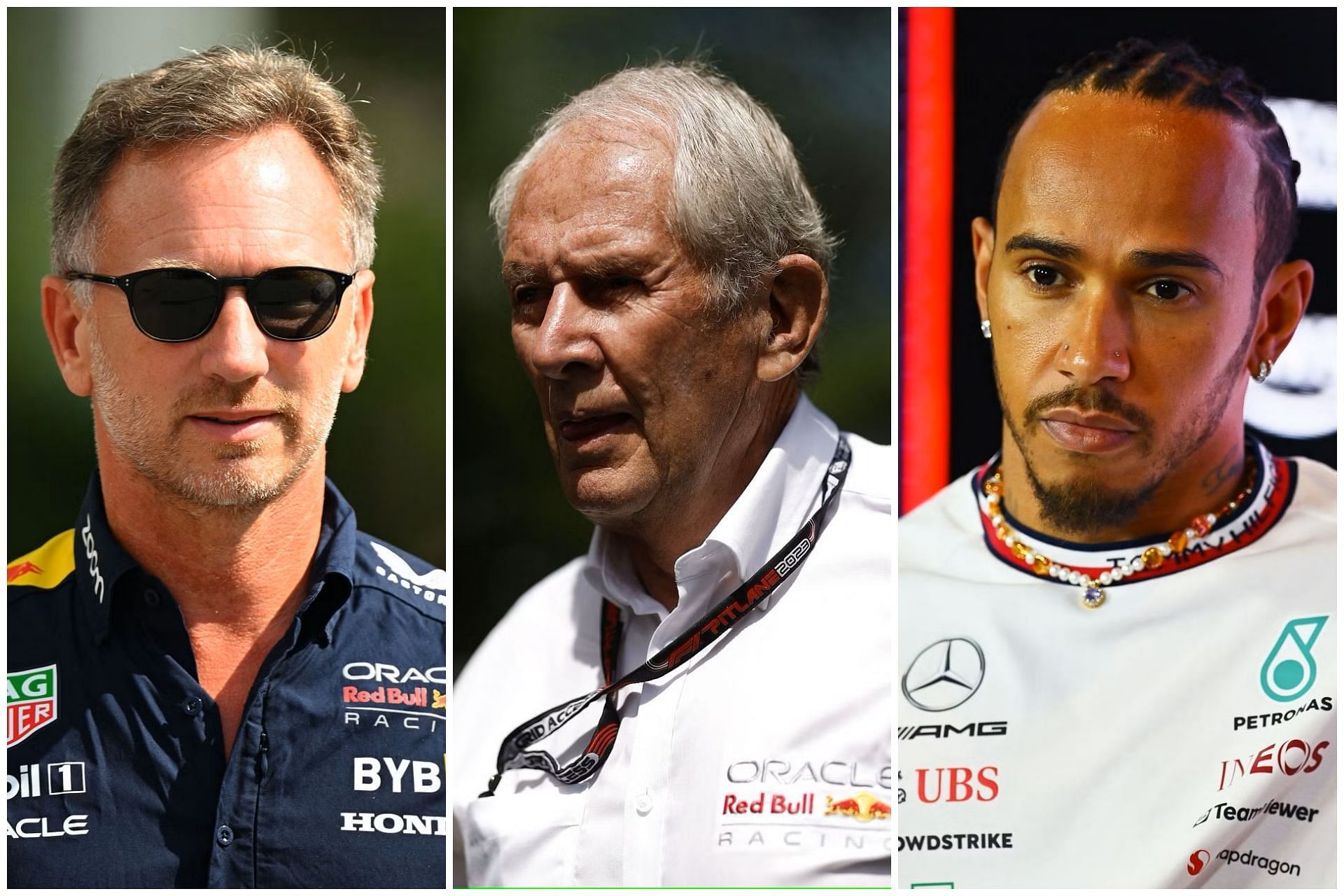 Christian Horner (L), Helmut Marko (C), and Lewis Hamilton (R) (Collage via Sportskeeda)