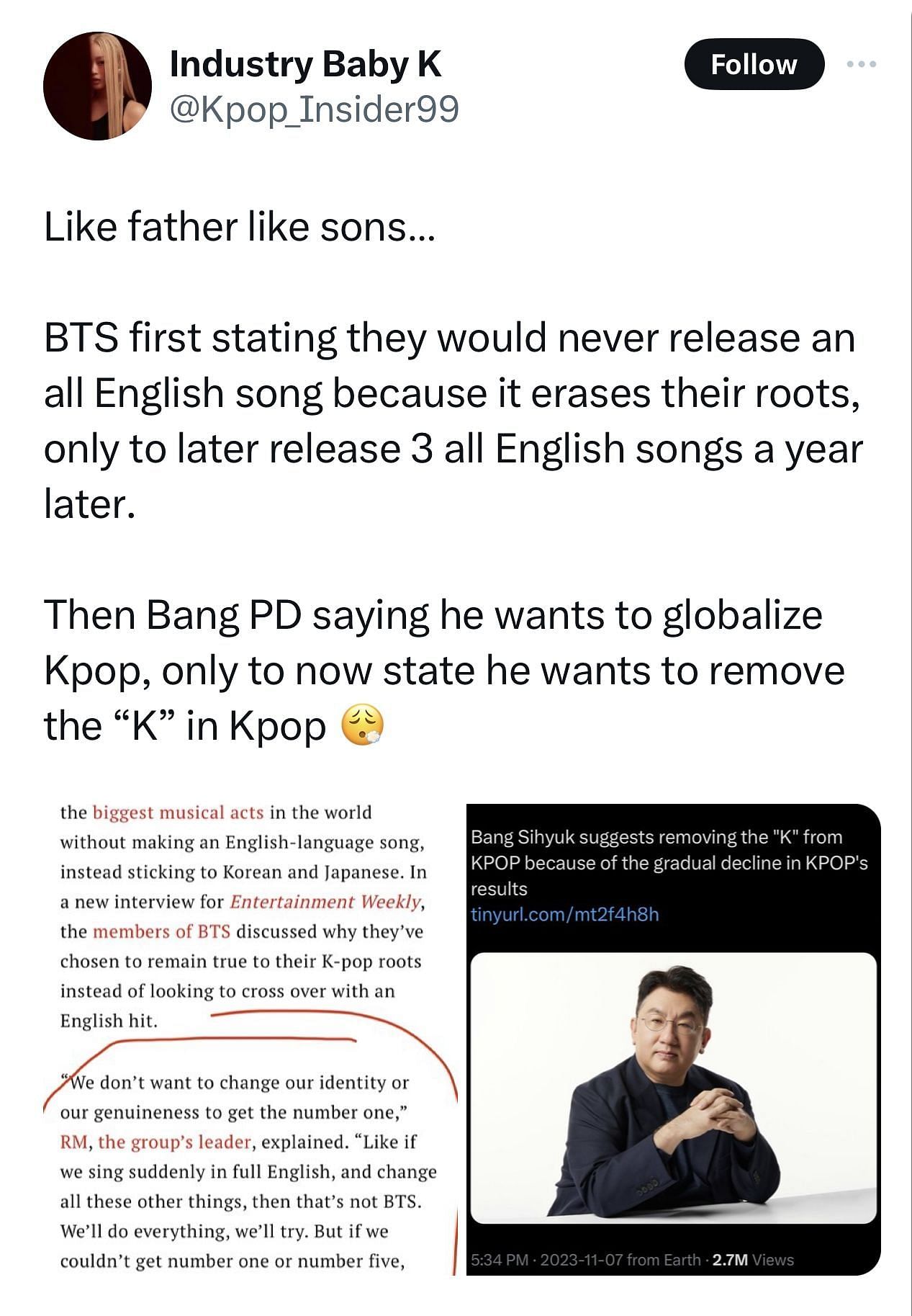 Fans react to Bang PD&rsquo;s statement about globalising the K-pop market (image via X/Kpop_insider99)