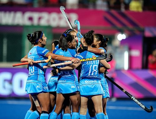 Indian Hockey Team celebrates a goal against Japan at the Women's Asian Champions Trophy