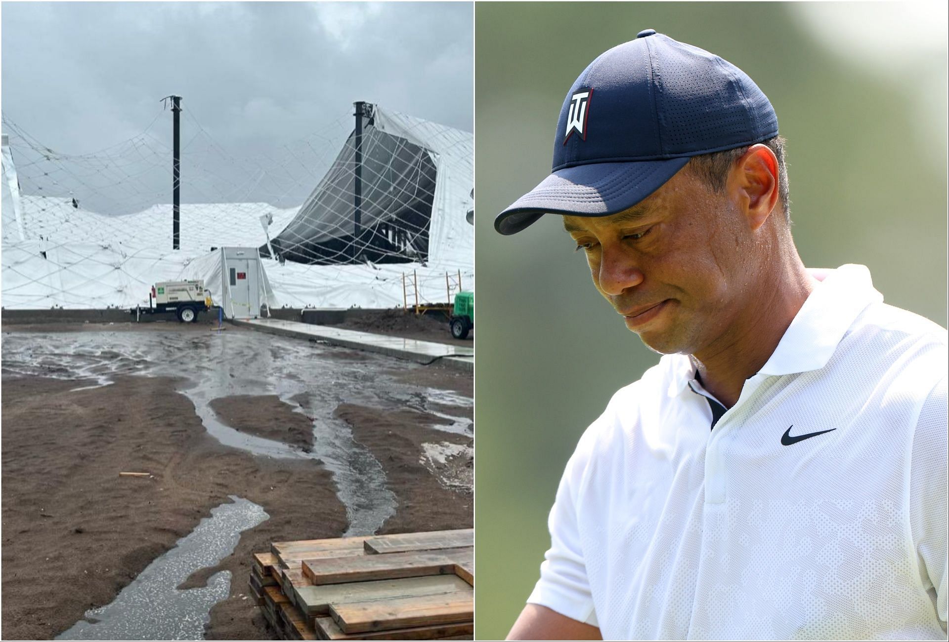 SoFi Stadium of the TGL (via X/@NUCLRGOLF) and Tiger Woods (via Getty Images)