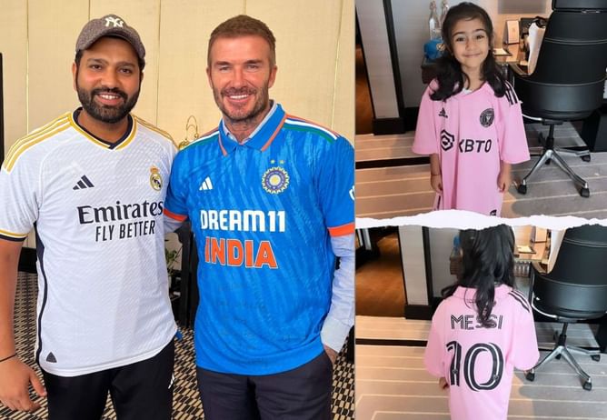 Football legend David Beckham gifts a Lionel Messi jersey to Rohit Sharma's daughter Samaira