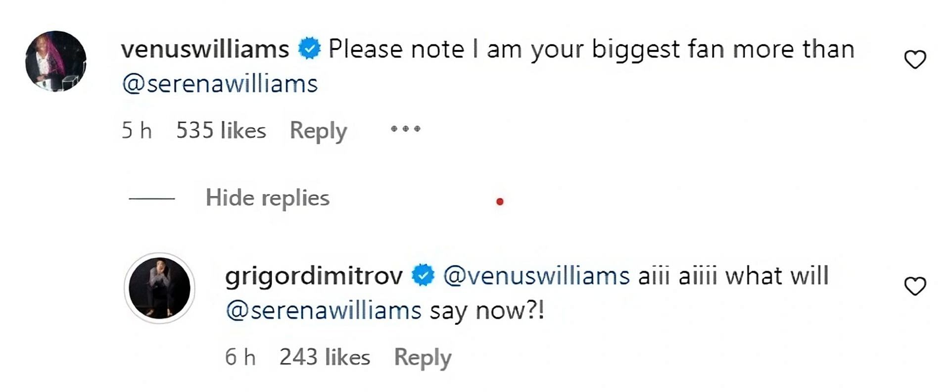 Venus Williams and Grigor Dimitrov on Instagram