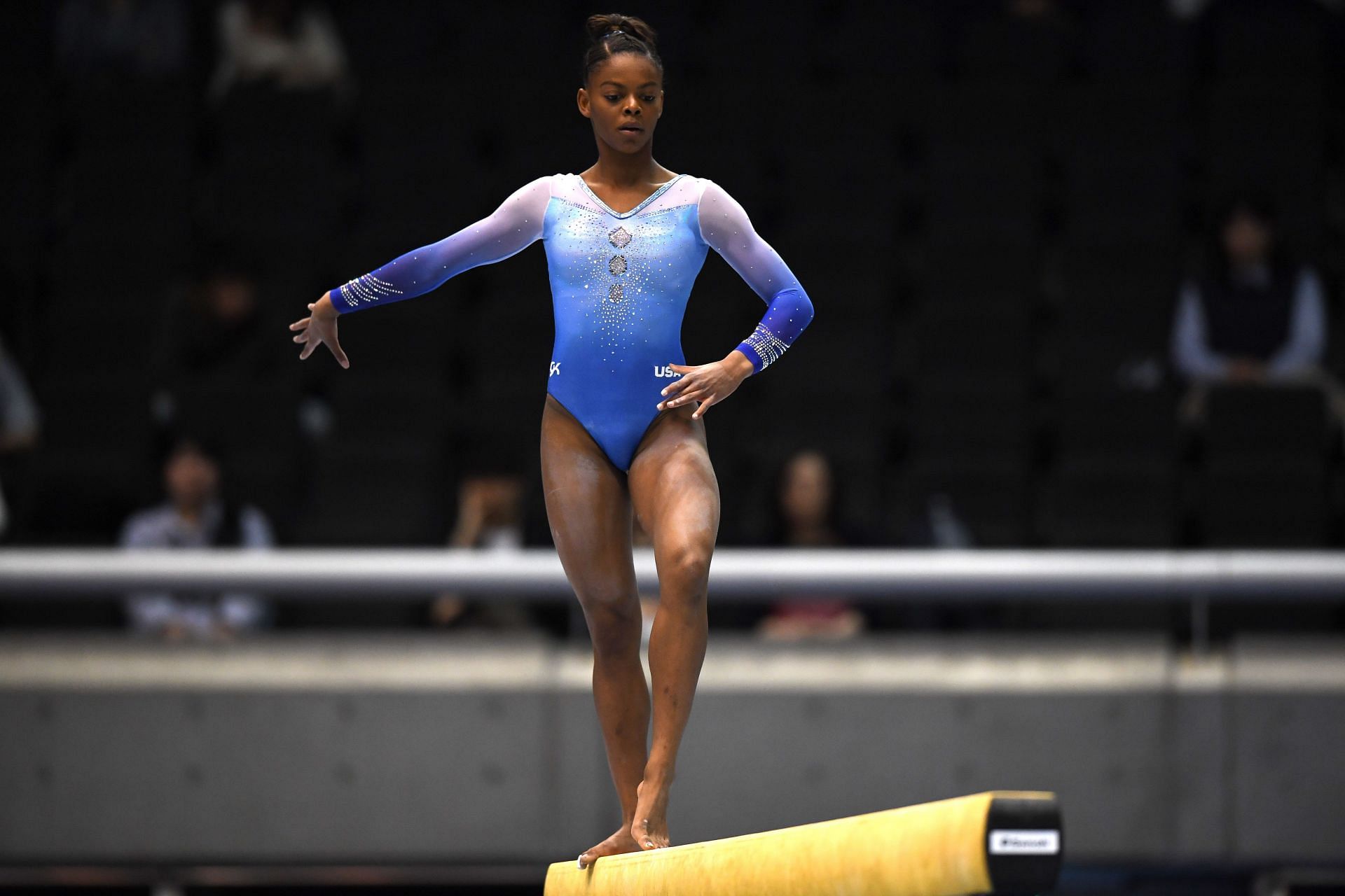 Trinity Thomas of United States competes on the balance beam during the FIG Individual All-Around World Cup in Tokyo, Japan.