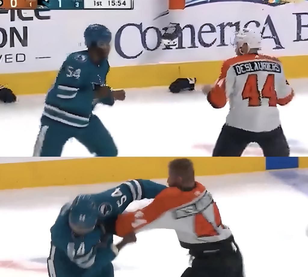 Givani Smith and Nicolas Deslauriers exchange punches during early minutes of the Philadelphia Flyers v San Jose Sharks game