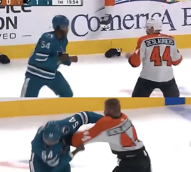 Givani Smith and Nicolas Deslauriers exchange punches during early minutes of the Philadelphia Flyers v San Jose Sharks game