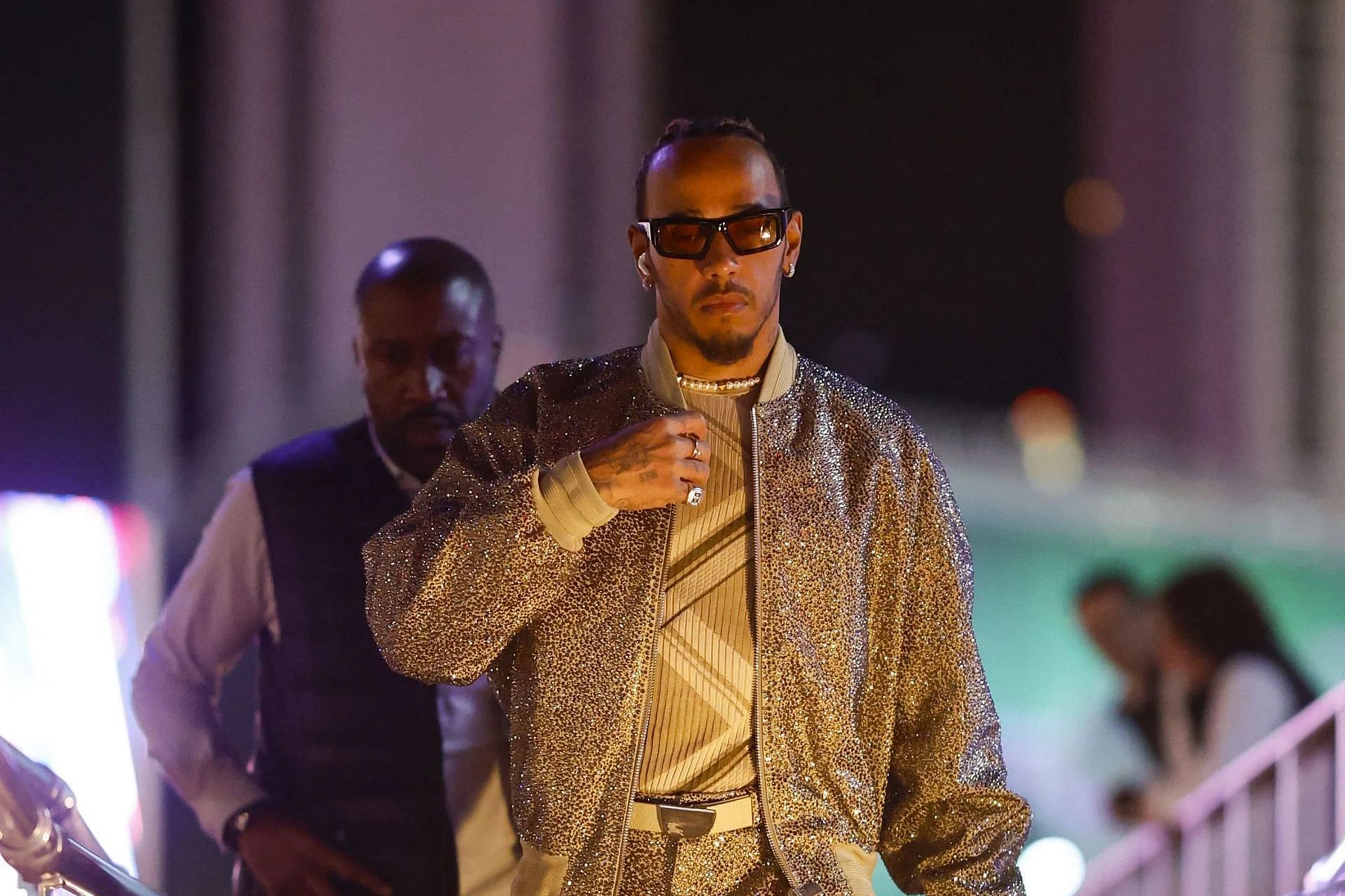 Lewis Hamilton walks in the paddock prior to the 2023 F1 Las Vegas Grand Prix. (Photo by Chris Graythen/Getty Images)