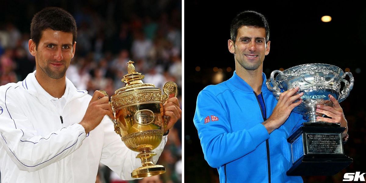 Novak Djokovic after winning the 2011 Wimbledon Championships (L). The Serb after winning the 2015 Australian Open (R).
