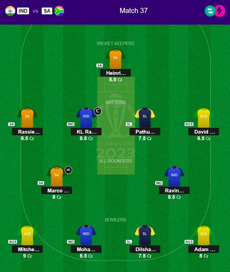 Best 2023 World Cup Fantasy Team for Match 37 - IND vs SA