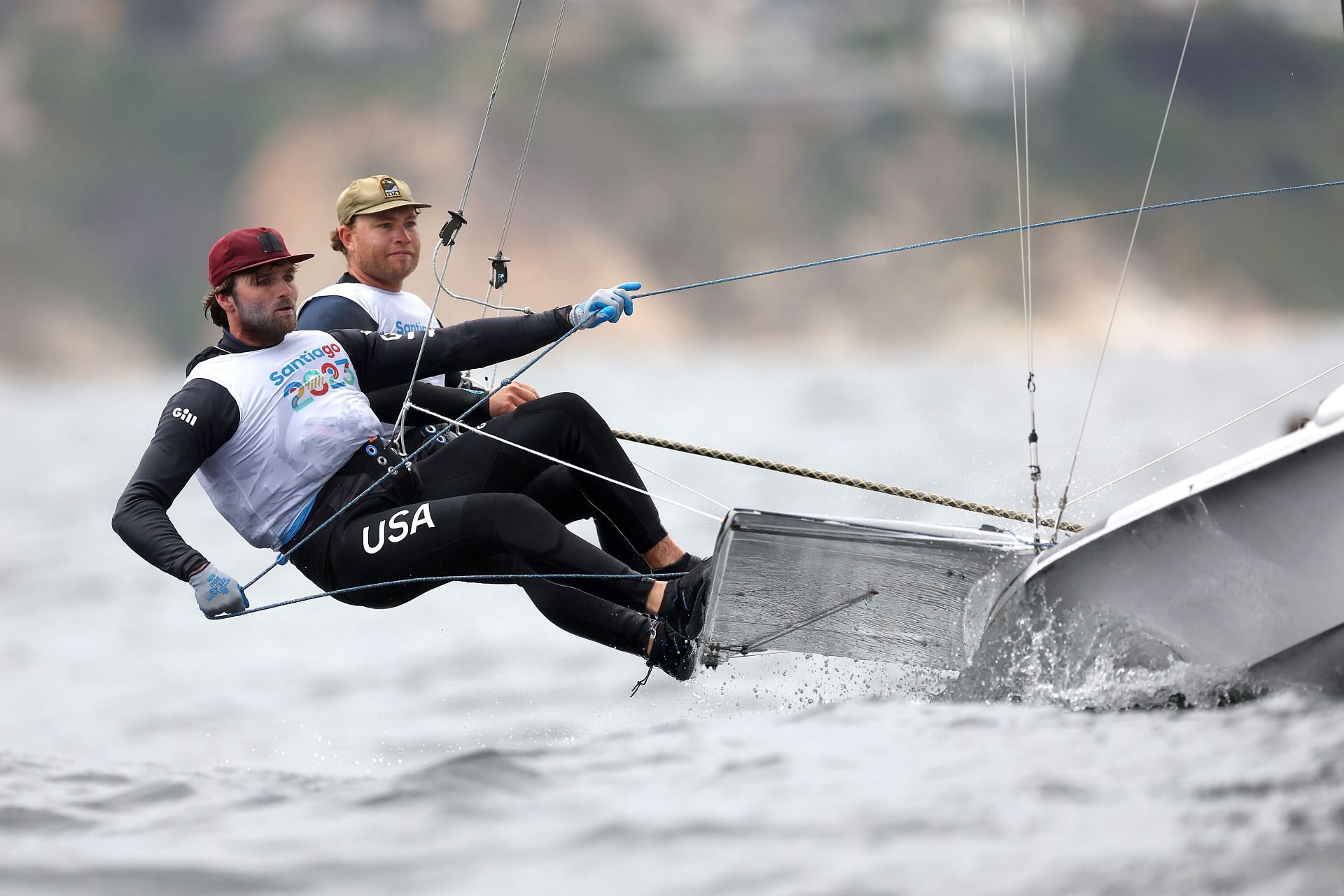 Ian Barrows and Hans Henken of Team United States compete in the Men&#039;s Skiff (49er) Sailing Race at the 2023 Pan Am Games in Santiago, Chile.