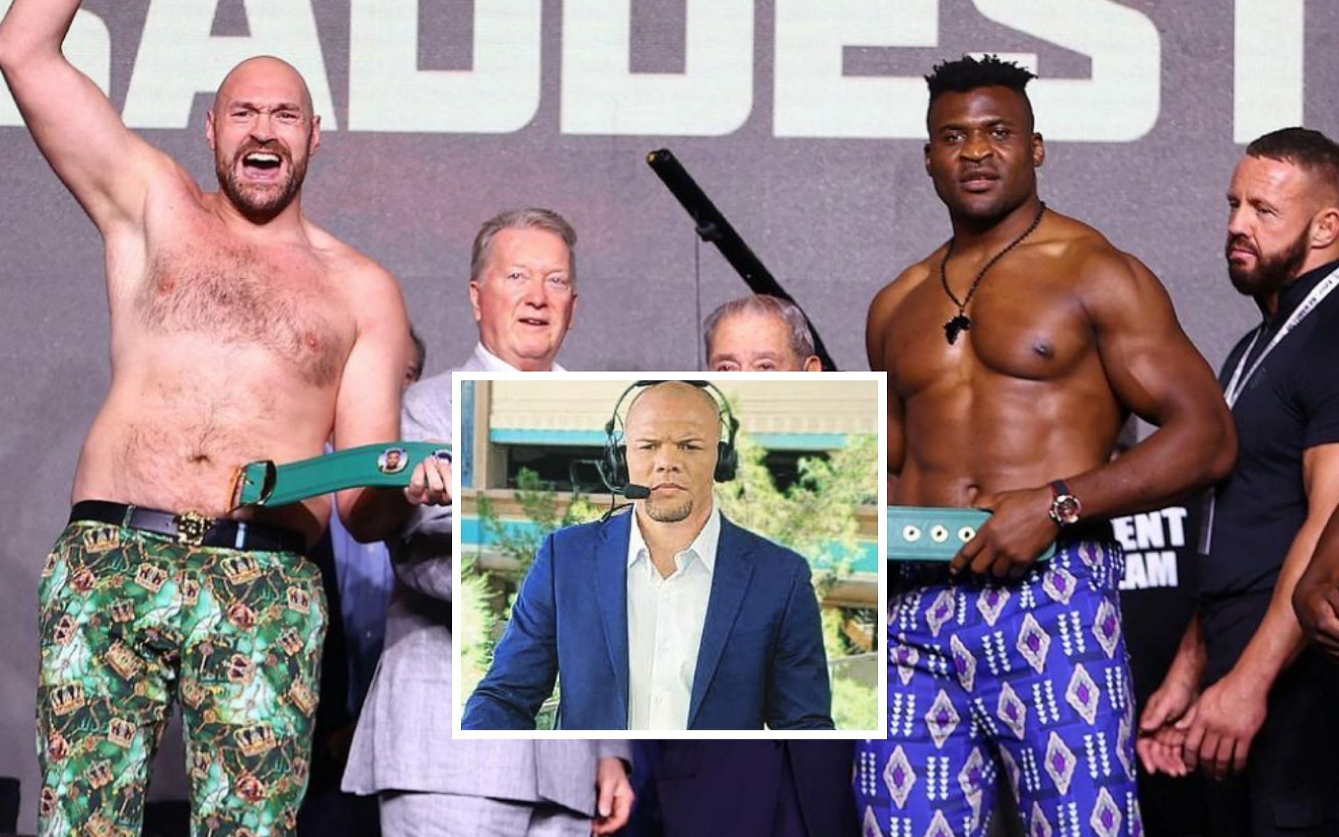 Anthony Smith (center) on Tyson Fury (left) vs Francis Ngannou (right) [Photo Courtesy @lionheartasmith and @tysonfury on Instagram]